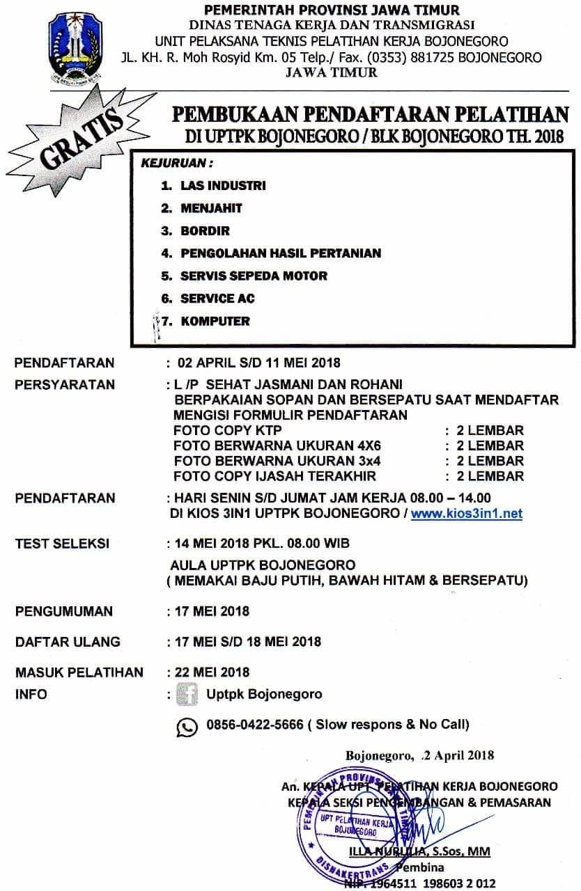 Pembukaan Pendaftaran Pelatihan di UPTPK/BLK Bojonegoro Tahun 2018
